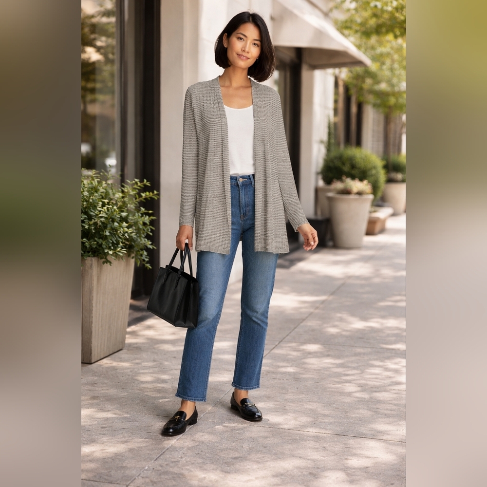 Eileen Fisher Organic Linen Crepe Cardigan Gray Open Lightweight Striped Sz M